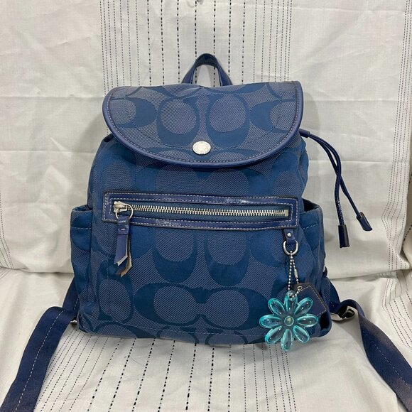 Coach Kyra Signature Logo Navy Blue Canvas Backpack F16548 - Picture 2 of 7